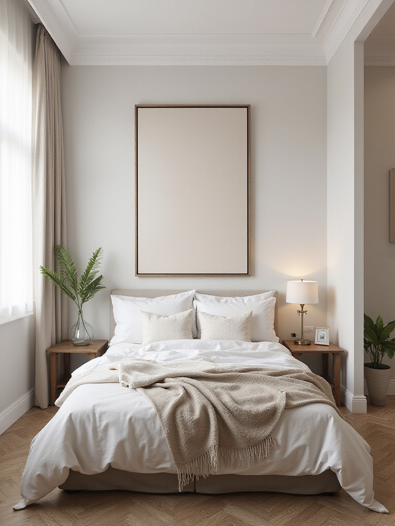 A small bedroom with a single large statement piece of wall art above the bed, showcasing a spacious and elegant design.