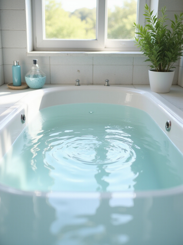Clean bathtub with clear water and organized toiletries
