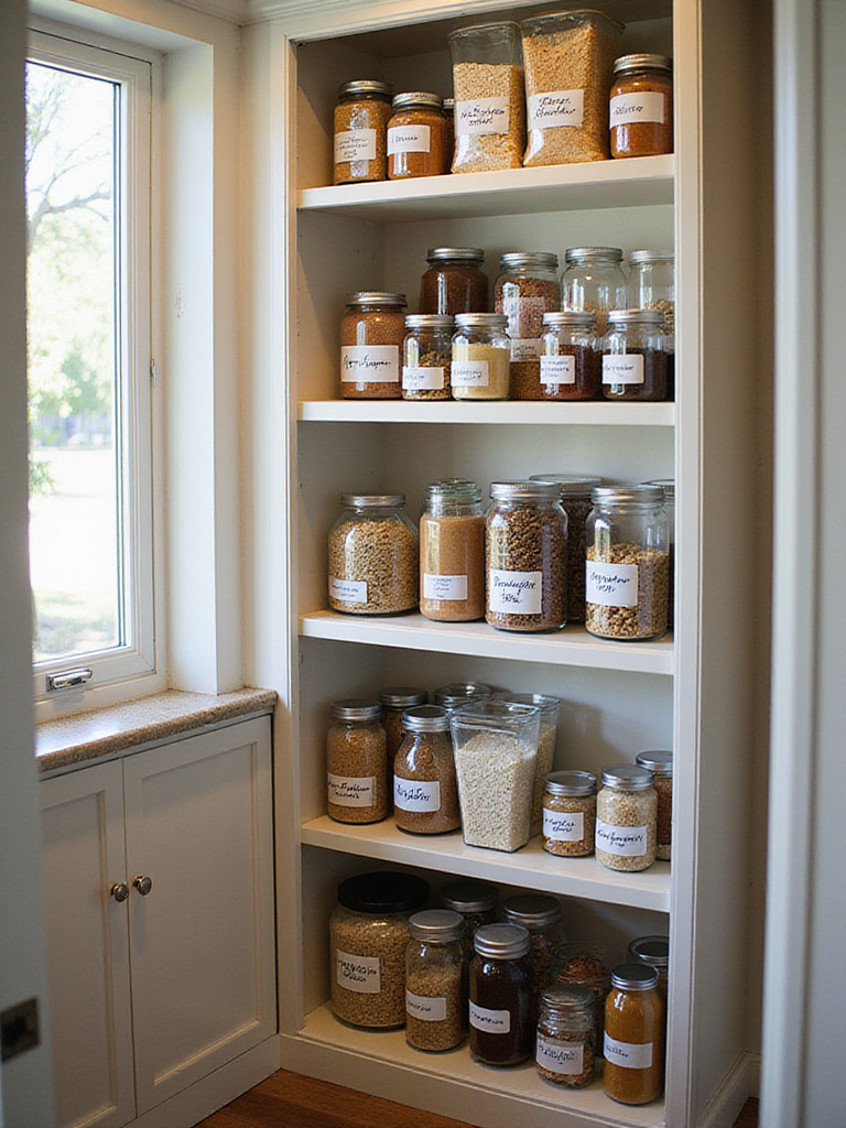 A well-organized kitchen pantry with clearly labeled jars and containers.