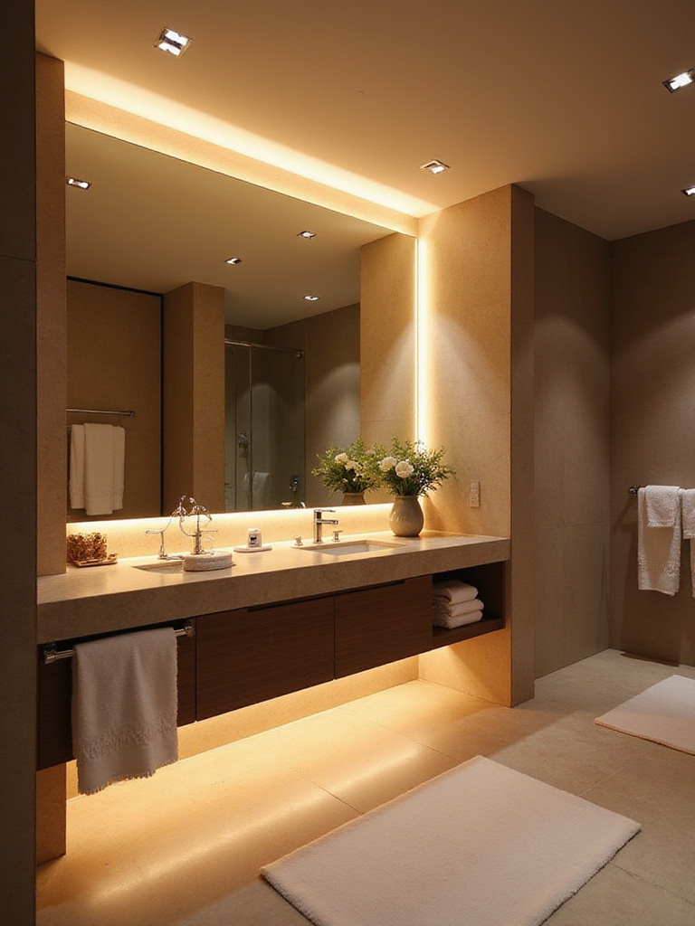 Luxurious bathroom with dimmable layered lighting showcasing warm and ambient light settings.
