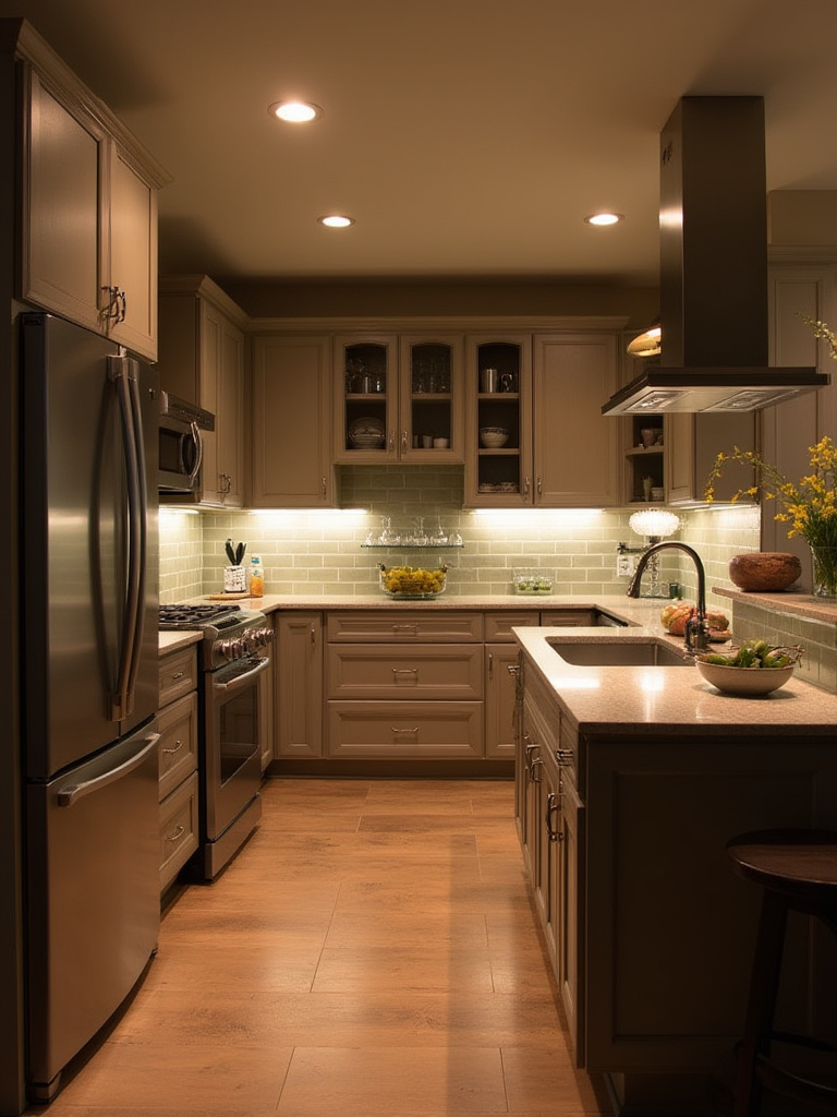 Modern kitchen with layered lighting illustrating ambiance and task-specific illumination