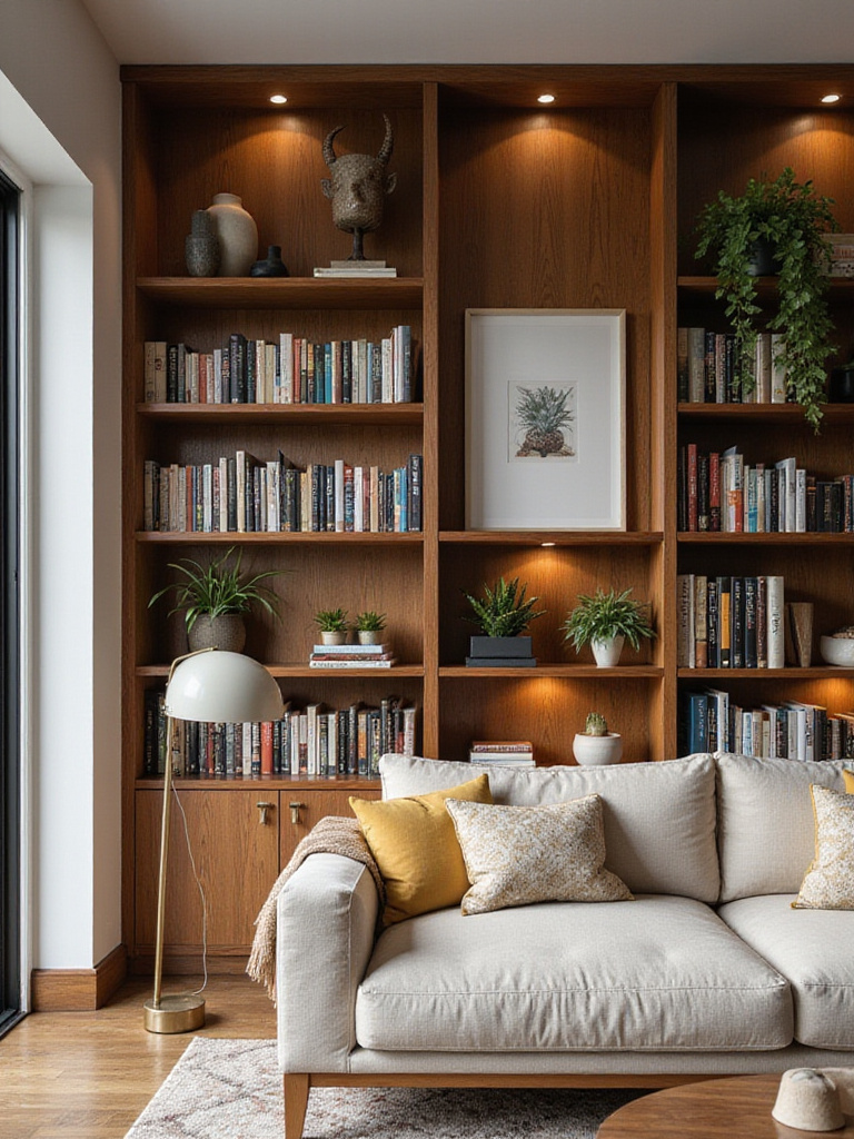 Stylish apartment living room with vertical storage solutions including bookcases and floating shelves.