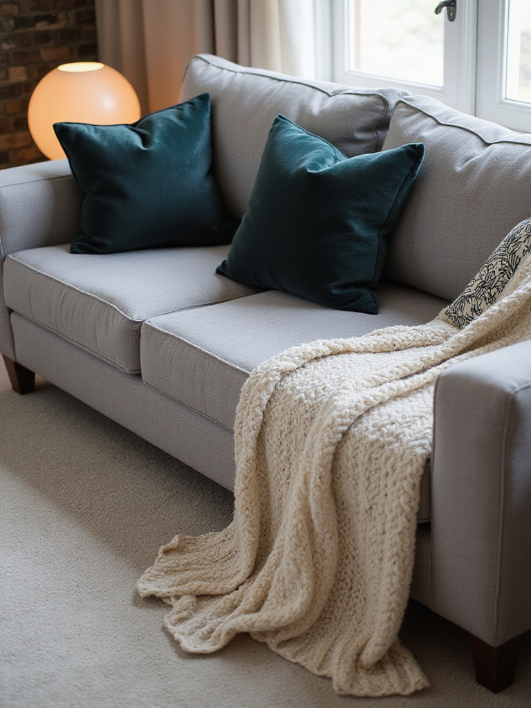 Cozy living room with plush throws and cushions on a grey sofa