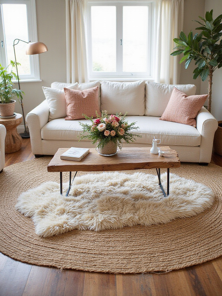 A cozy boho living room with layered plush rugs, showcasing warmth and texture.