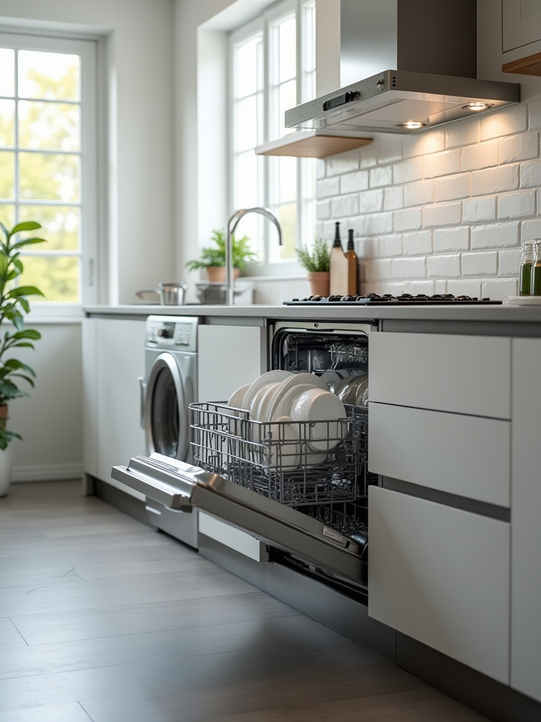 Modern kitchen with dishwasher next to sink, showcasing efficient layout