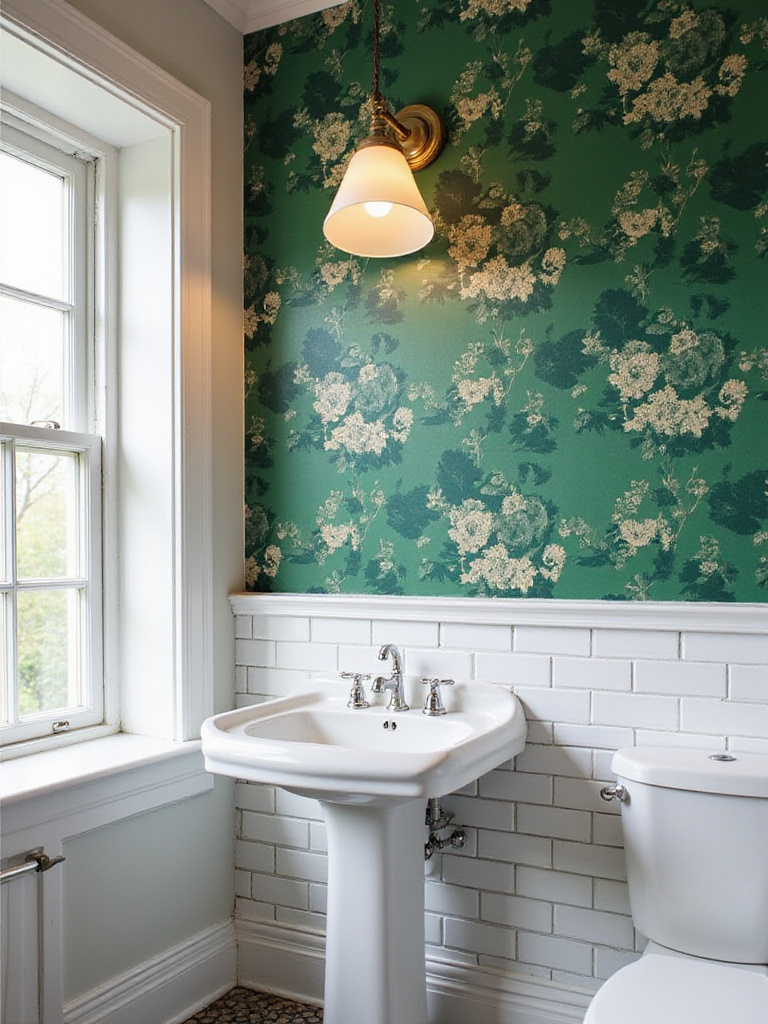 Bathroom featuring a bold accent wall with vintage wallpaper in emerald green floral design.
