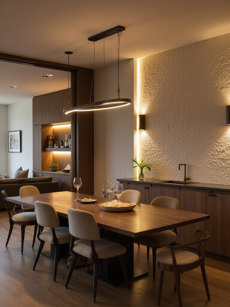 Contemporary dining room with layered lighting showcasing a warm ambiance.