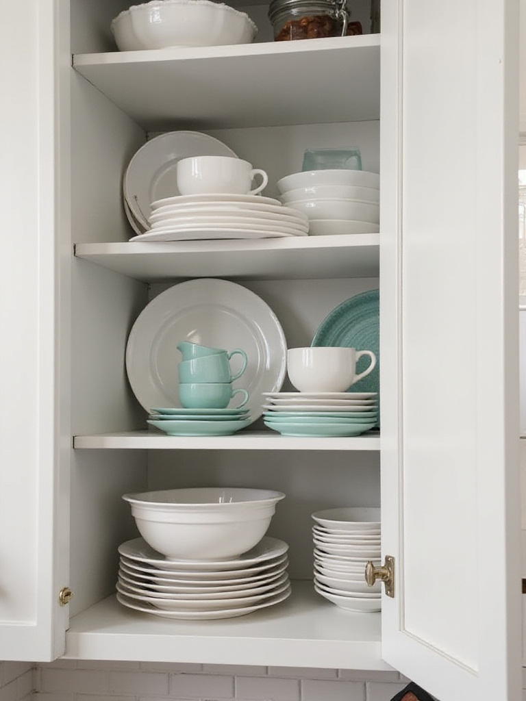Organized kitchen cabinet with tiered shelf risers displaying plates and bowls.