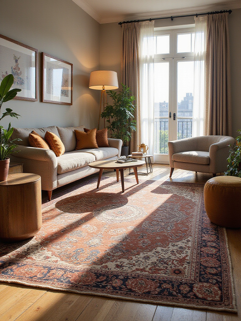 Cozy apartment living room with a stylish area rug defining the seating area