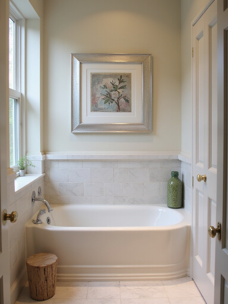 Elegant small bathroom with strategically placed bathtub and modern fixtures.