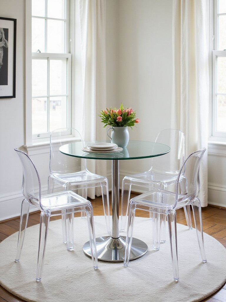 A stylish small dining room with a round glass table and acrylic stools, designed to maximize space.