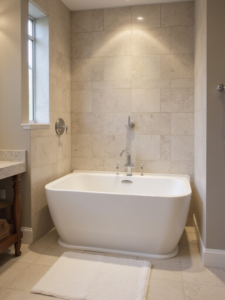 Stylish built-in alcove bathtub in a modern bathroom with elegant tiles.