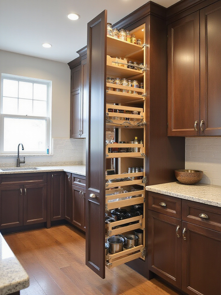Organized kitchen with clever storage solutions including pull-out pantry and deep drawers