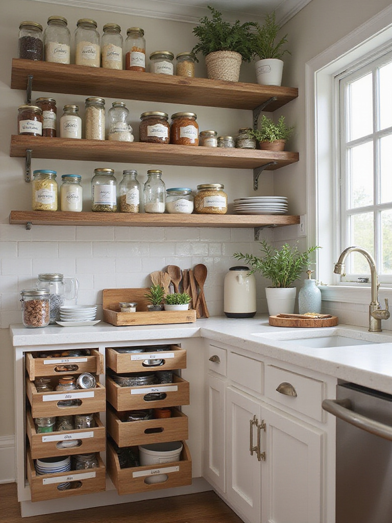 Professional photo of a well-organized kitchen showcasing smart storage solutions