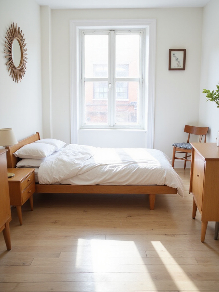 A small bedroom showcasing furniture with legs, creating a sense of visual openness.