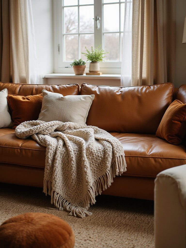 Cozy living room with various textures including leather, knit, jute, and wood.