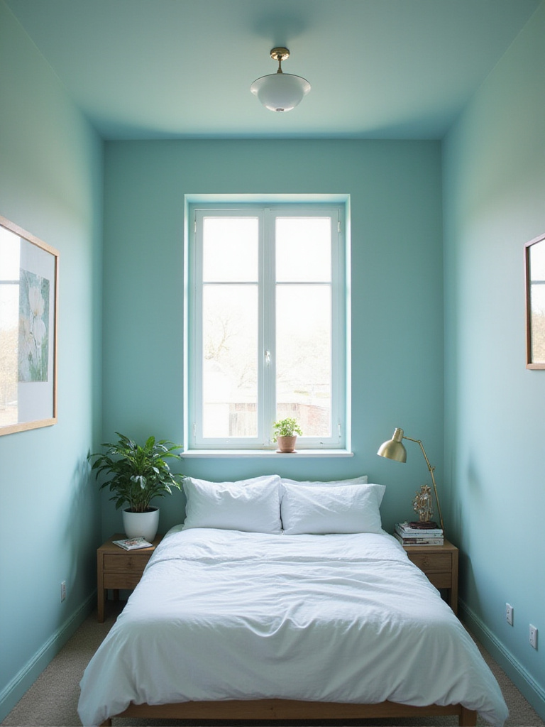 Small bedroom with light cool colored walls creating an expansive feel.
