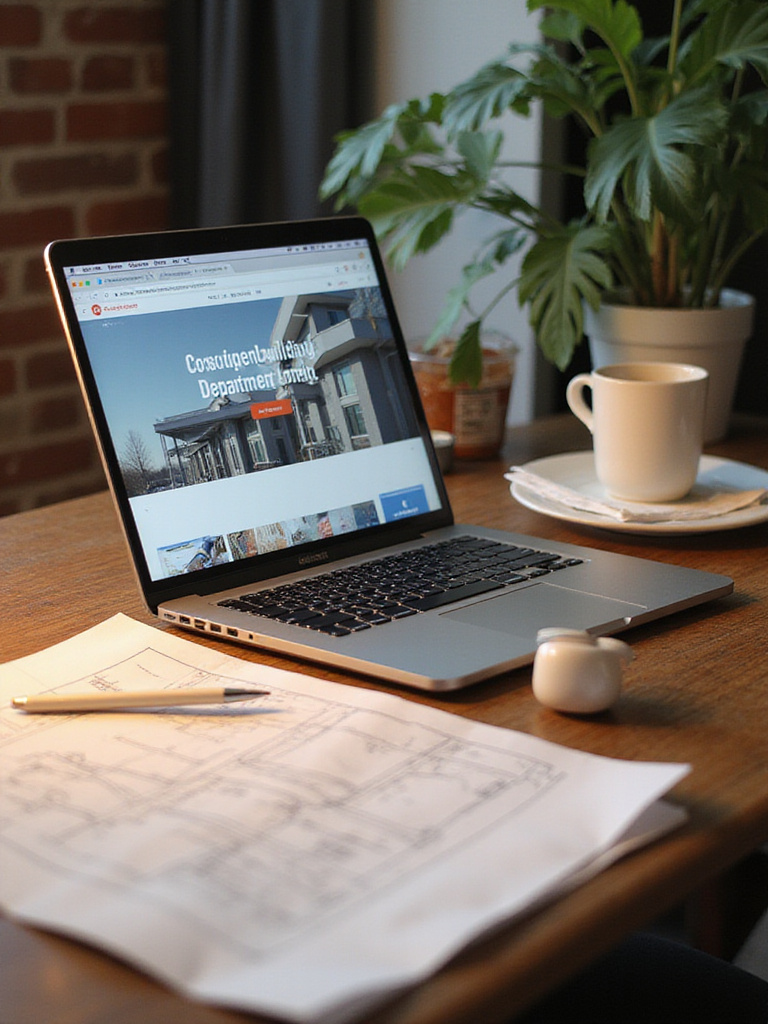 Home office desk with blueprints and a laptop showing building codes