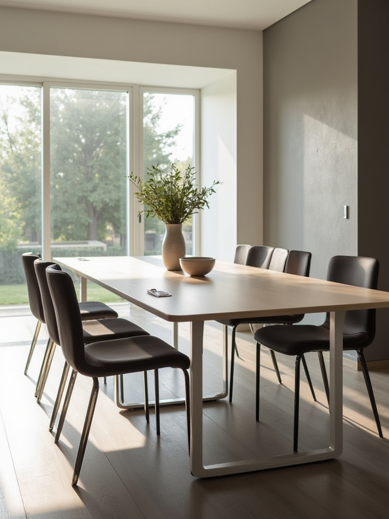 Contemporary dining room showcasing multi-functional furniture with an extendable table and minimalist design.