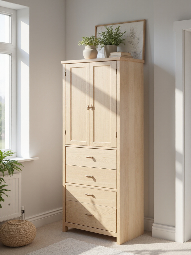A stylish slim tall dresser in a small bedroom, showcasing vertical storage.