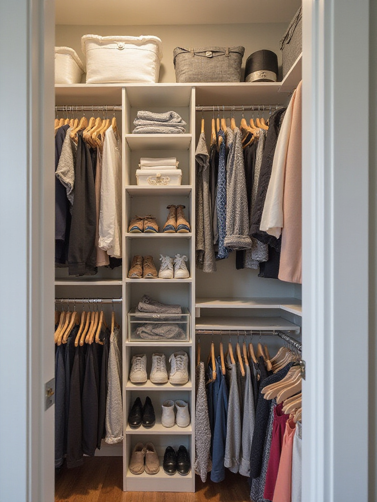 Organized closet with adjustable organizers and rods