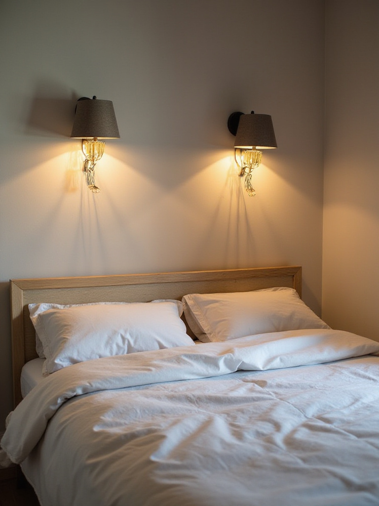 Cozy bedroom with wall-mounted sconces illuminating the space