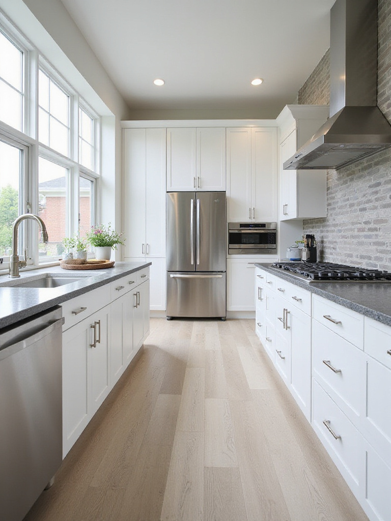 Modern kitchen with optimized traffic flow and clear pathways between work zones