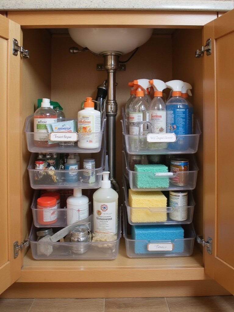 Organized under-sink storage with caddies containing cleaning supplies.