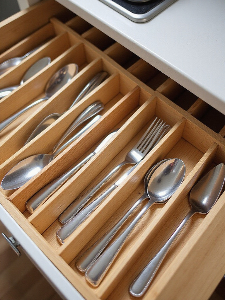 Organized kitchen drawer with bamboo dividers separating cutlery and utensils