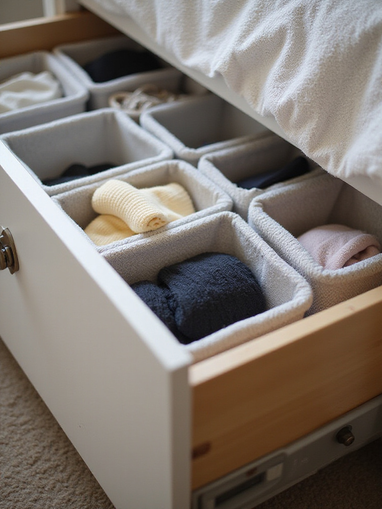 Organized bedroom drawer with smart dividers and bins, showcasing neatly arranged compartments.