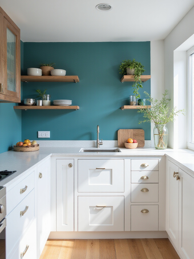 Modern kitchen with a bold teal accent wall behind open shelving
