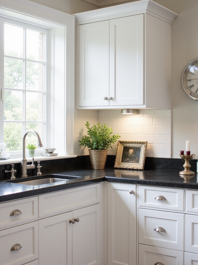 Modern kitchen featuring white cabinets and a contrasting black granite countertop