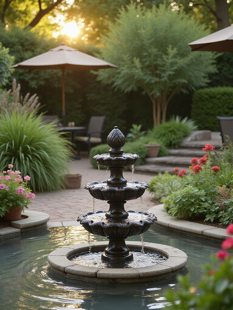 A beautiful water feature on a patio surrounded by plants and flowers, showcasing a tranquil outdoor ambiance.