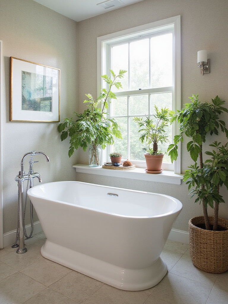A modern bathroom featuring a luxurious freestanding bathtub and elegant decor.