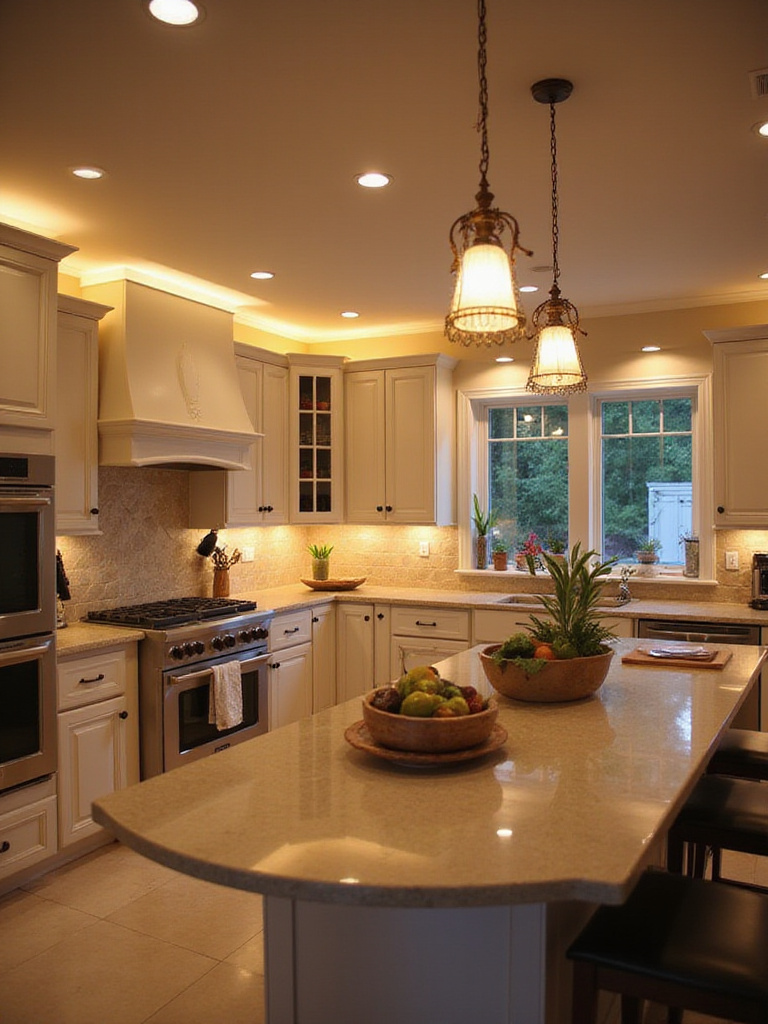 A kitchen with layered lighting design showcasing ambient, task, and accent illumination.