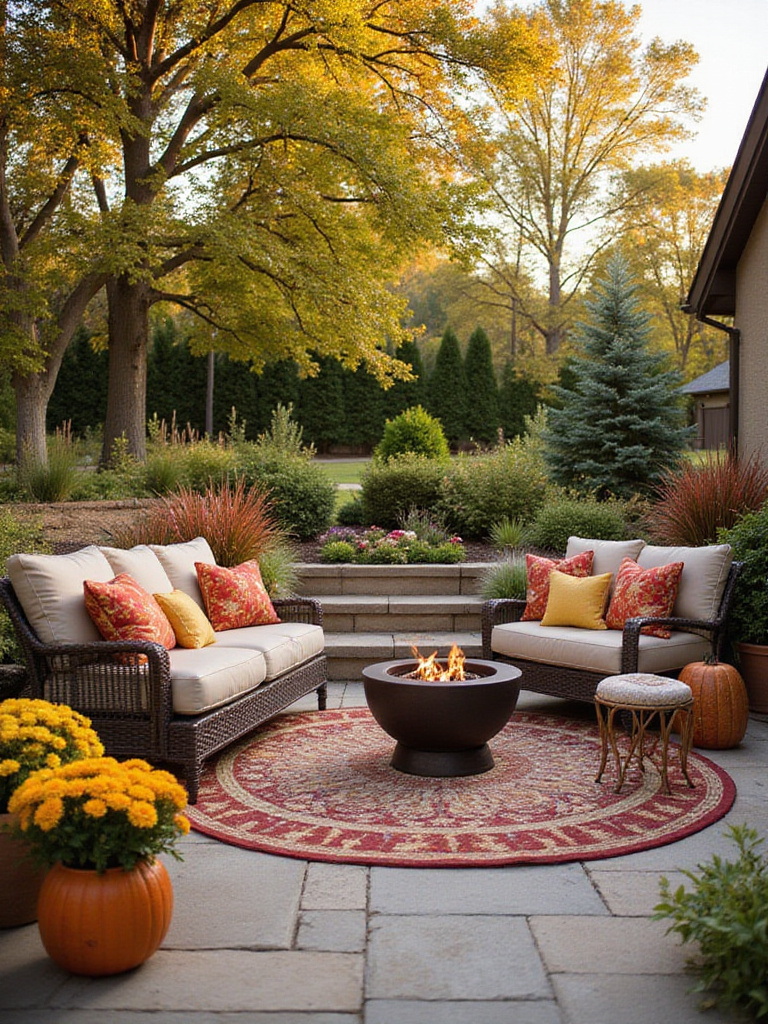 A cozy patio decorated with seasonal elements like throw pillows, a fire pit, and vibrant plants.
