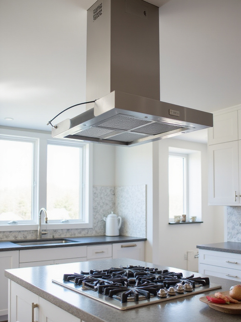 Modern kitchen with a range hood showcasing proper ventilation for air quality and comfort.