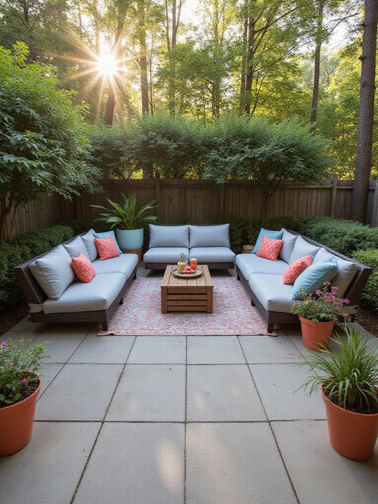 A tranquil patio scene showcasing a cohesive color palette of soft gray, serene blue, and coral accents.