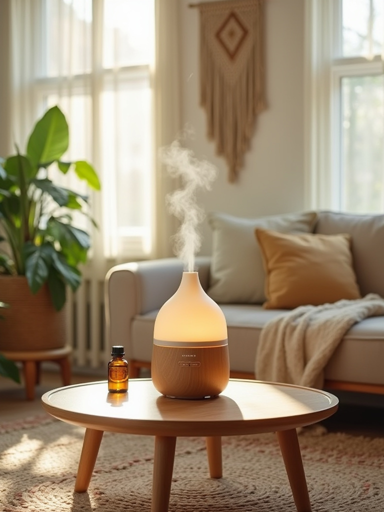 Boho living room with essential oil diffuser and inviting atmosphere
