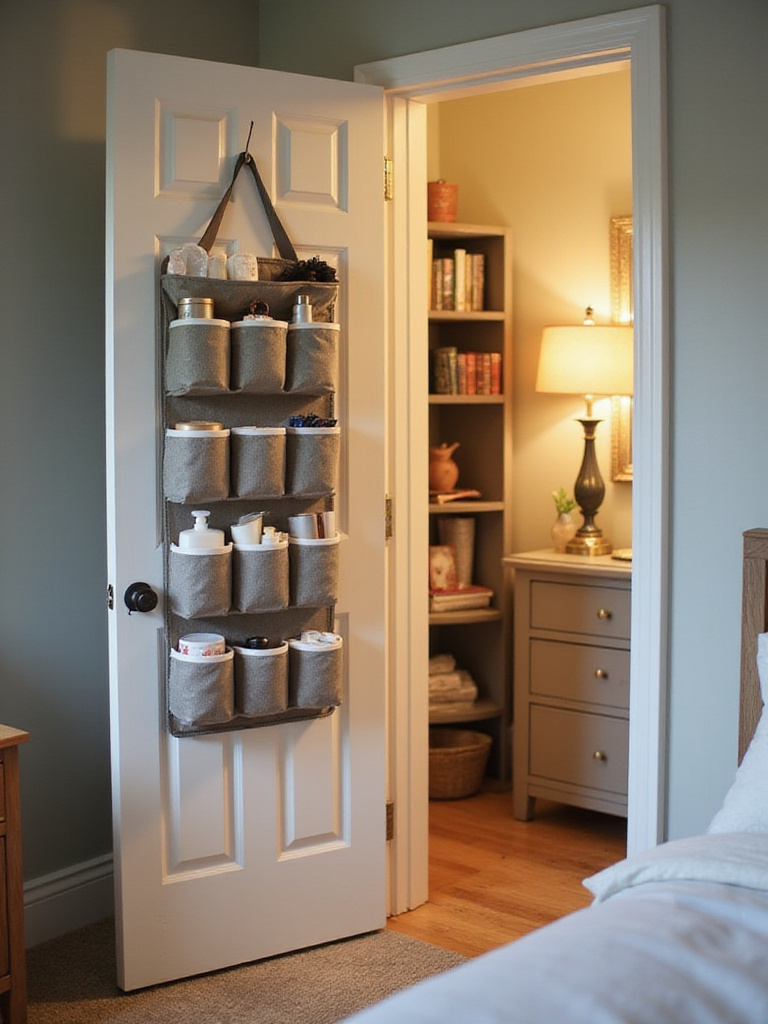 A small bedroom with an over-the-door organizer filled with various items, demonstrating hidden storage solutions.