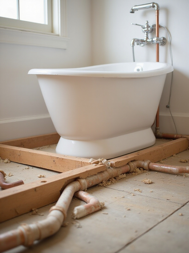 Prepared bathroom plumbing and floor support for bathtub installation