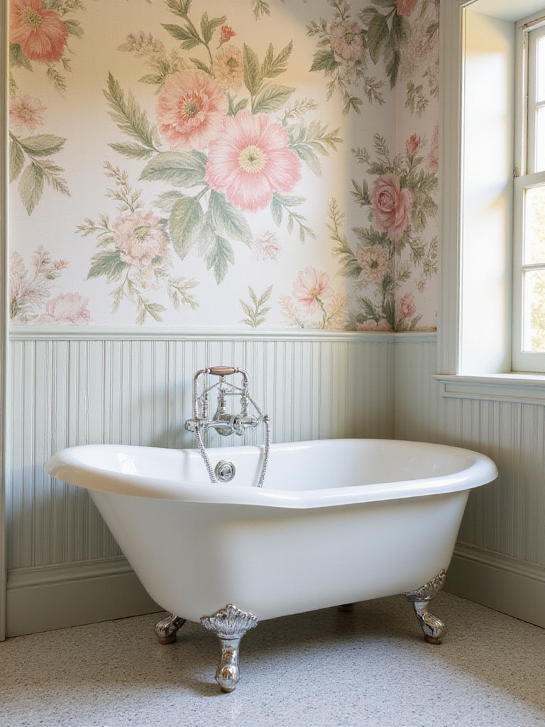 Vintage bathroom with subtle mixed patterns on wallpaper and elegant fixtures