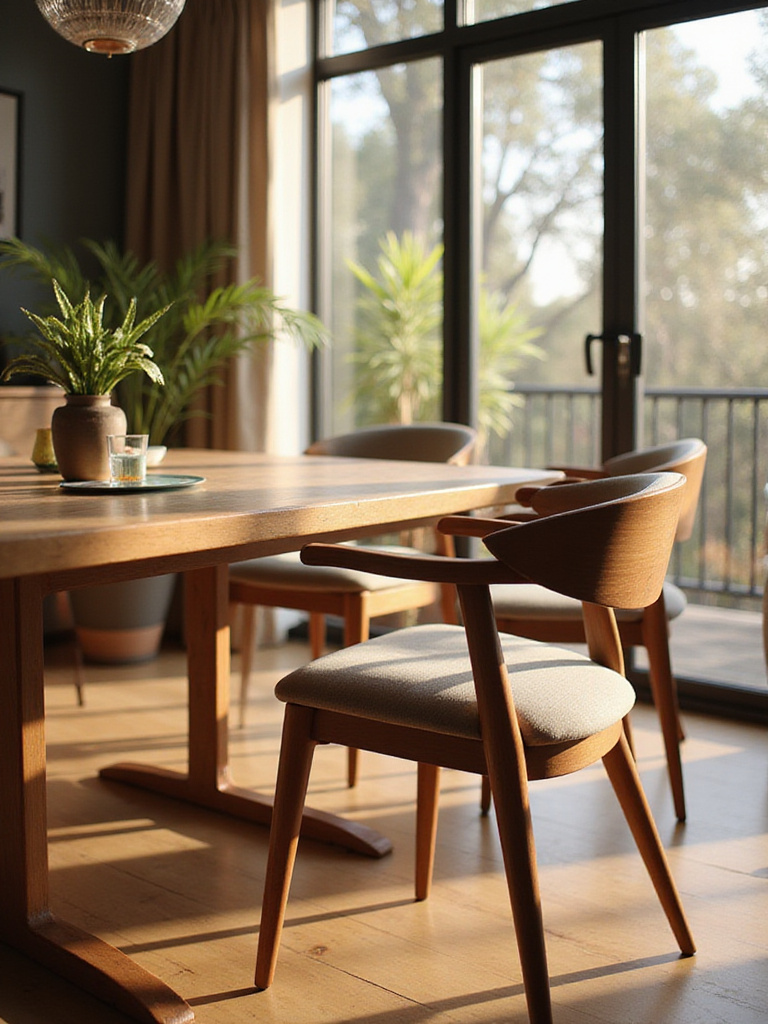 Contemporary dining room showcasing ergonomic seating with warm lighting.