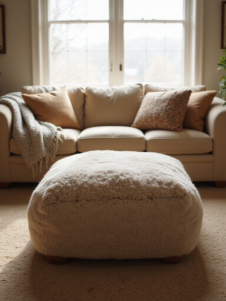 Cozy living room with a plush ottoman and warm lighting