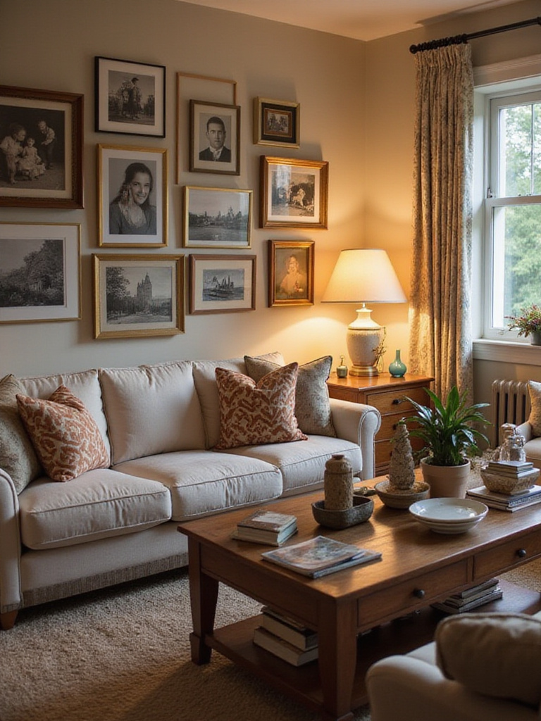 Cozy living room decorated with personal items and warm lighting.