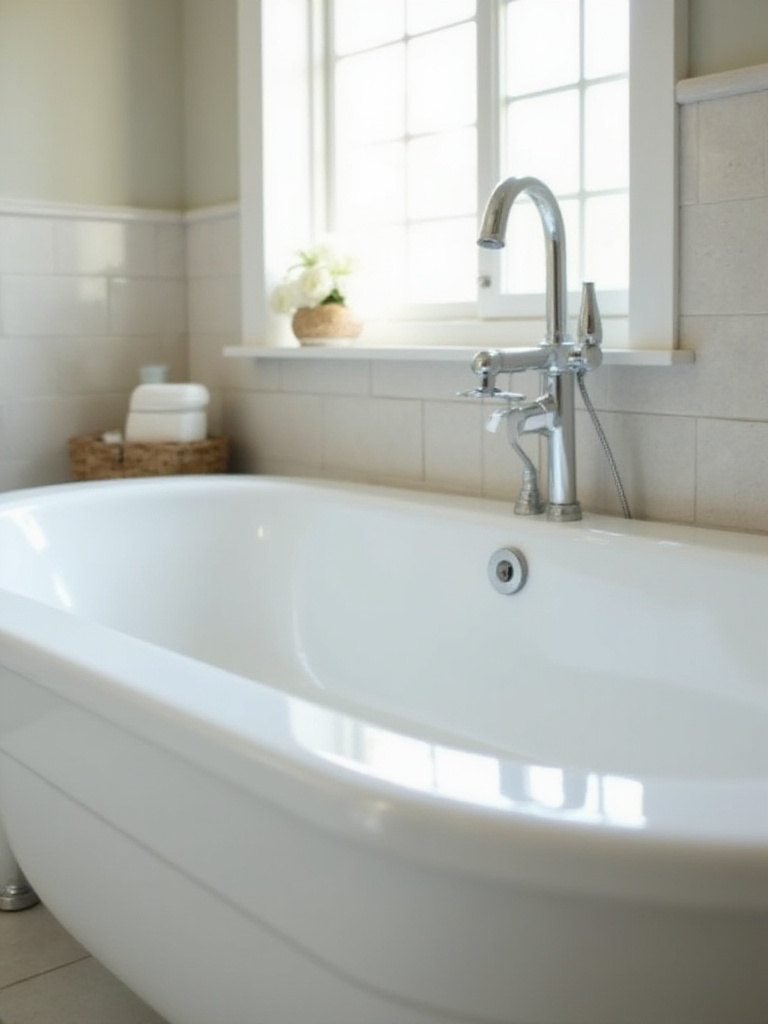 A spotless bathtub in a bright bathroom showcasing effective cleaning solutions.