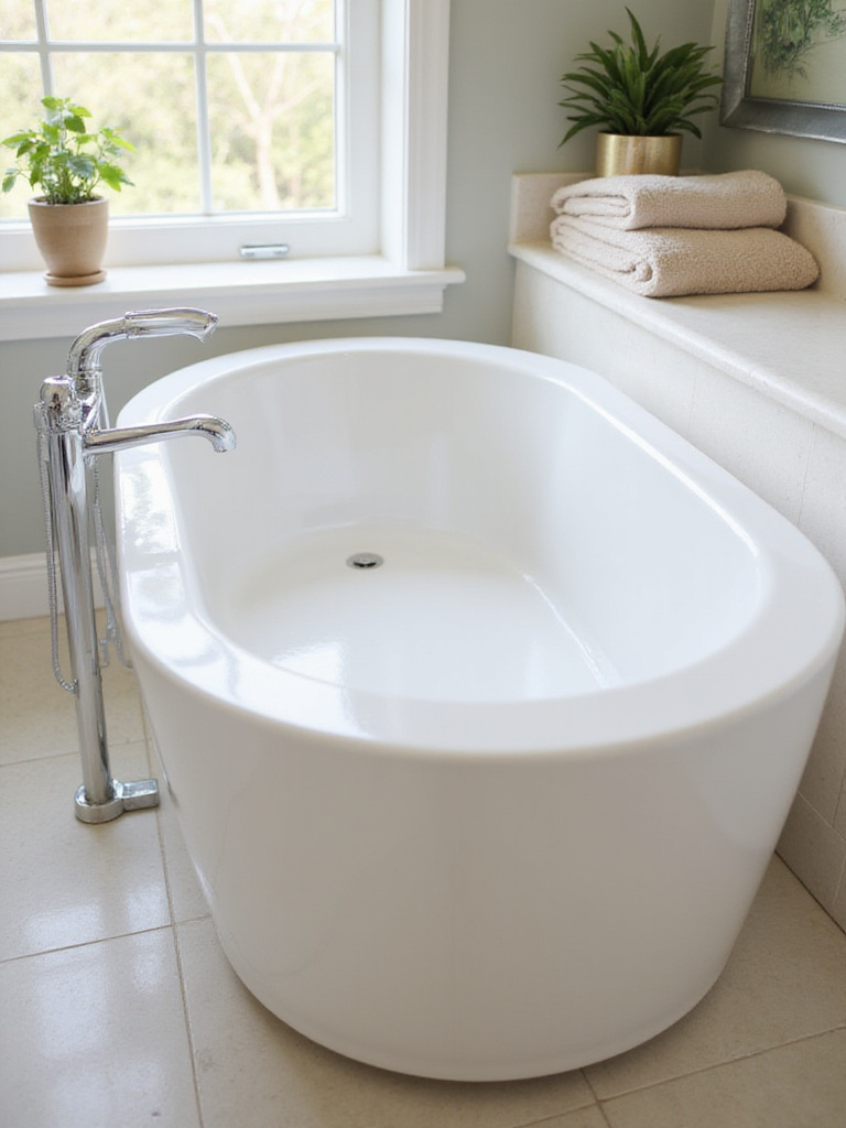 A pristine acrylic bathtub showcasing a flawless finish in a beautifully decorated bathroom.
