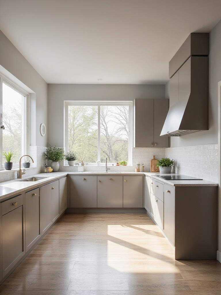 Modern kitchen showcasing L-shaped layout with island and natural lighting