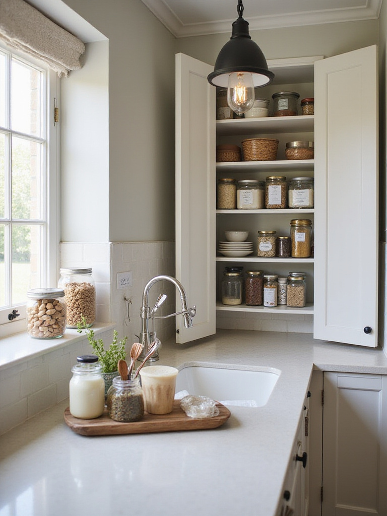 Organized kitchen with labeled jars and clean countertops, showcasing a regular purge schedule.