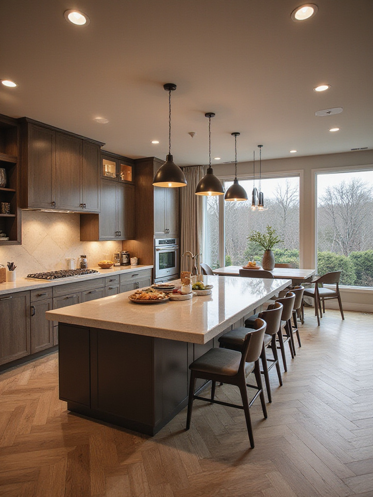 Modern kitchen design integrating dining area with a large island and stylish seating.
